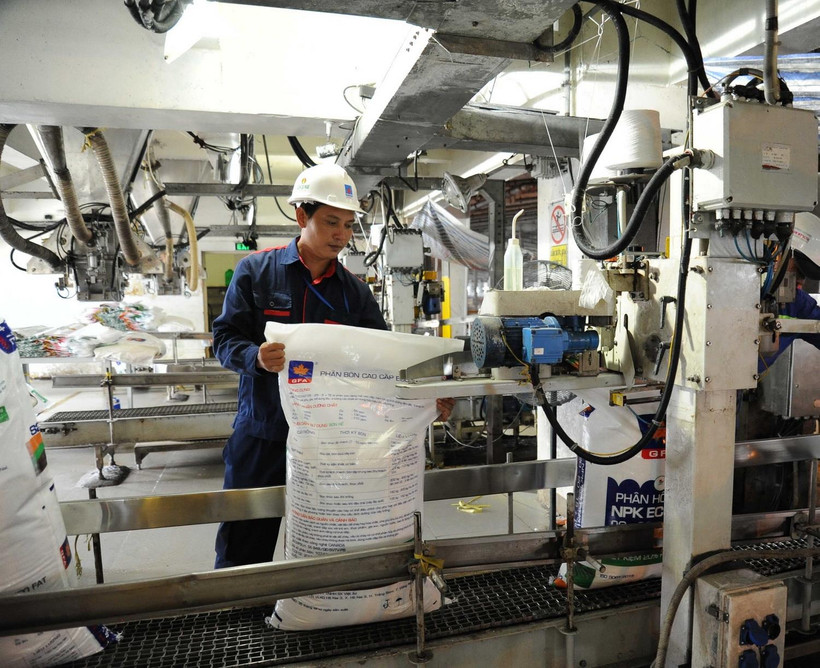 Đóng bao phân đạm trên dây chuyền hiện đại của Công ty cổ phần Phân bón dầu khí Cà Mau (PVCFC - Đạm Cà Mau). (Ảnh: Huỳnh Thế Anh/TTXVN)