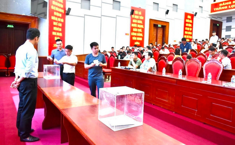 Phiên đấu giá 51 thửa đất tại xã Liên Mạc, huyện Mê Linh, Hà Nội, ngày 28/6. (Ảnh: TTXVN phát)