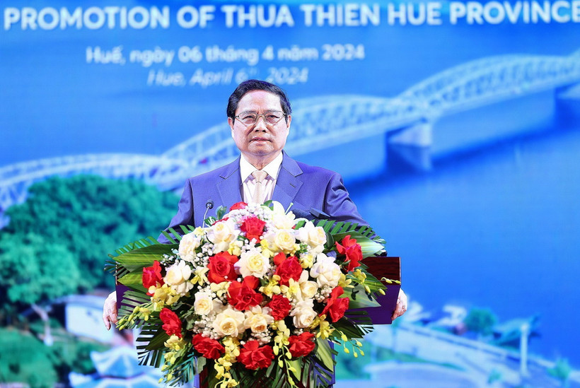 Thủ tướng Phạm Minh Chính phát biểu tại Hội nghị công bố Quy hoạch tỉnh Thừa Thiên-Huế. (Ảnh: Dương Giang/TTXVN)