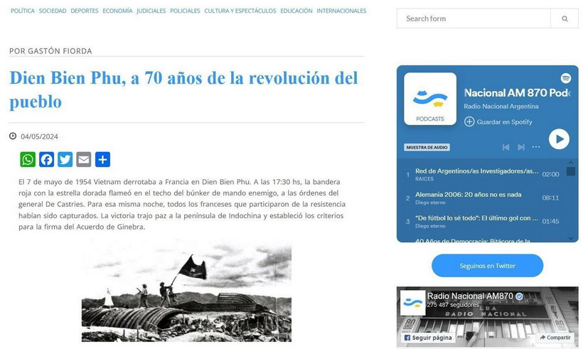 Báo điện tử Đài Phát thanh quốc gia Argentina đăng bài viết nhân kỷ niệm 70 năm Chiến thắng Điện Biên Phủ. (Ảnh: TTXVN phát)