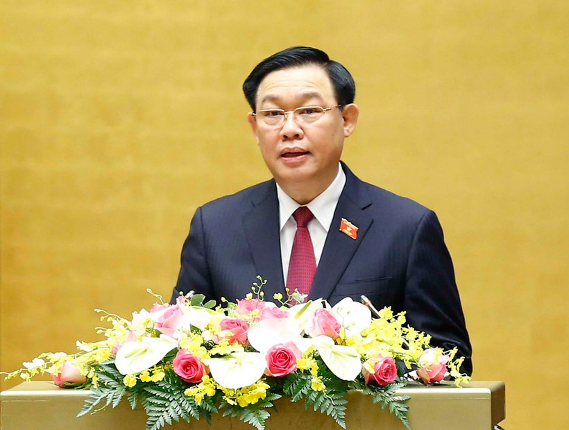 Chủ tịch Quốc hội Vương Đình Huệ, Chủ tịch Hội đồng Bầu cử quốc gia phát biểu. (Ảnh: Doãn Tấn/TTXVN)