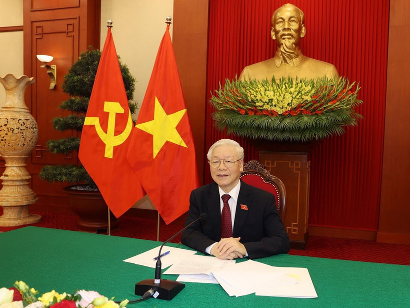 Tổng Bí thư Nguyễn Phú Trọng điện đàm trực tiếp với Tổng thống Liên bang Nga Vladimir Putin. (Ảnh: Trí Dũng/TTXVN)