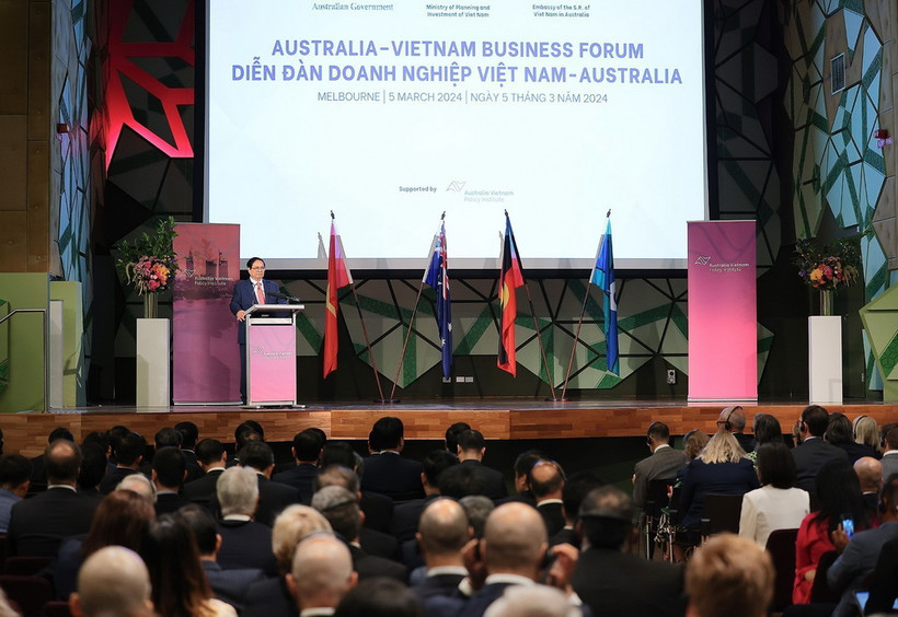 Thủ tướng Phạm Minh Chính phát biểu tại Diễn đàn Doanh nghiệp Việt Nam-Australia. (Ảnh: Dương Giang/TTXVN)