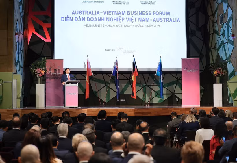 Thủ tướng Phạm Minh Chính phát biểu tại Diễn đàn Doanh nghiệp Việt Nam-Australia. (Ảnh: Dương Giang/TTXVN)