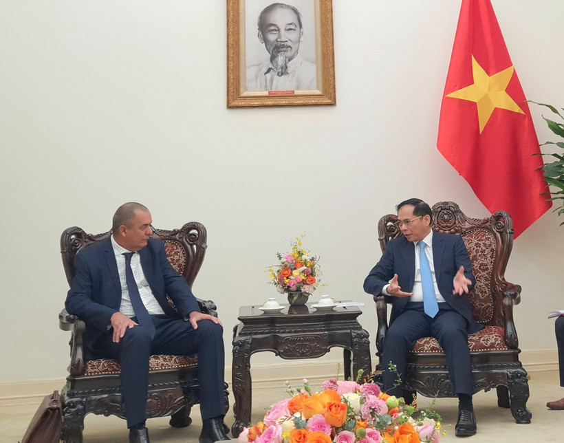 Phó Thủ tướng, Bộ trưởng Ngoại giao Bùi Thanh Sơn trao đổi với Bộ trưởng Bộ Nông nghiệp Cuba Ydael Jesús Pézez Brito. (Ảnh: Chu Thanh Vân/TTXVN)