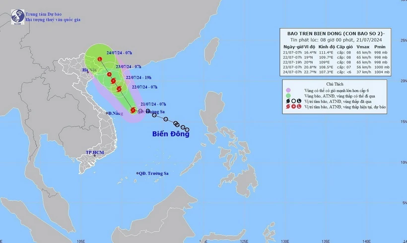 Hướng đi của cơn bão số 2, sáng 21/7. (Ảnh: TTXVN phát)