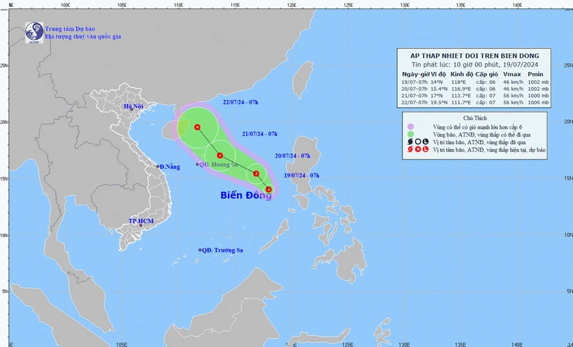 Vị trí và đường đi của áp thấp nhiệt đới. (Nguồn: Trung tâm Dự báo Khí tượng Thủy văn Quốc gia)