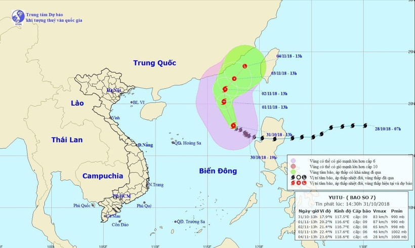 Bản đồ đường đi của bão số 7. (Ảnh: TTXVN phát)