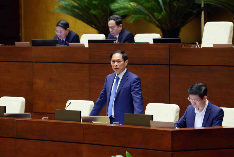Bộ trưởng Bộ Ngoại giao Bùi Thanh Sơn trả lời chất vấn của đại biểu Quốc hội. (Ảnh: Phạm Kiên/TTXVN)