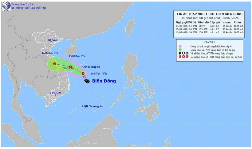 Hướng di chuyển của áp thấp nhiệt đới. (Ảnh: TTXVN phát)