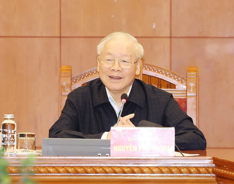 Tổng Bí thư Nguyễn Phú Trọng phát biểu tại phiên họp đầu tiên của Tiểu ban Nhân sự Đại hội XIV của Đảng. (Ảnh : Trí Dũng/TTXVN)