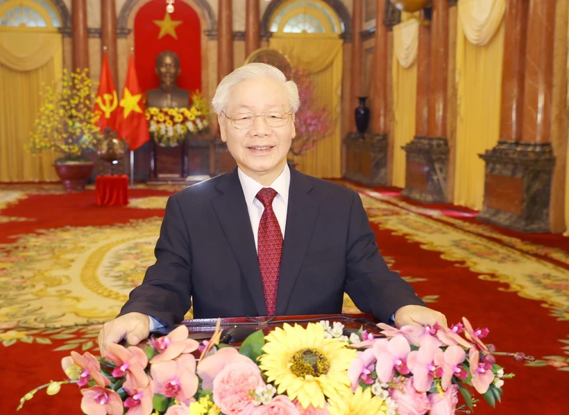 Tổng Bí thư, Chủ tịch nước Nguyễn Phú Trọng chúc tết đồng bào, đồng chí và chiến sĩ cả nước, cộng đồng người Việt Nam ở nước ngoài. (Ảnh: Trí Dũng/TTXVN)