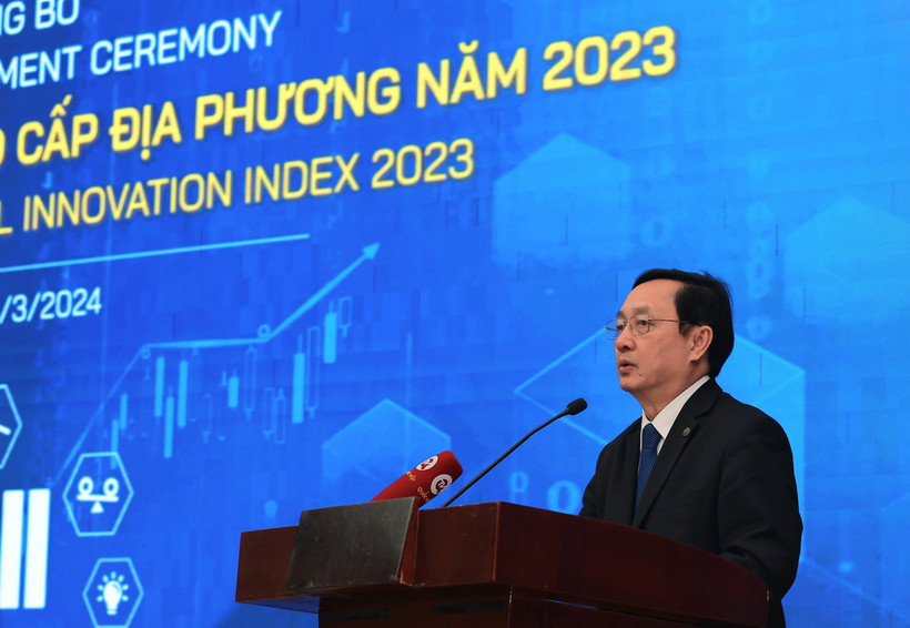 Bộ trưởng Bộ Khoa học và Công nghệ Huỳnh Thành Đạt phát biểu khai mạc. (Ảnh: Hoàng Hiếu/TTXVN)