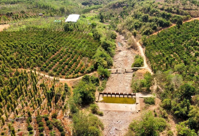 Một con suối nhỏ ở xã Đắk Sôr (Krông Nô, Đắk Nông) đã cạn khô do nắng nóng kéo dài. (Ảnh: Minh Hưng/TTXVN)