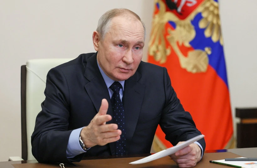 Tổng thống Nga Vladimir Putin chủ trì cuộc họp nội các tại ngoại ô Moskva, ngày 29/3/2023. (Ảnh: AFP/TTXVN)