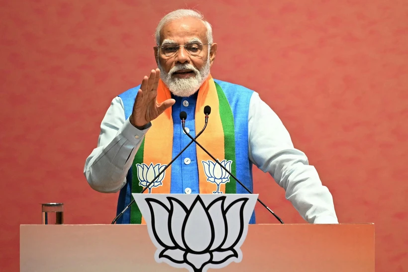 Thủ tướng Ấn Độ Narendra Modi phát biểu tại trụ sở của đảng Bharatiya Janata (BJP) ở New Delhi ngày 14/4. (Ảnh: AFP/TTXVN)