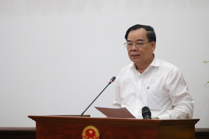 Chủ tịch UBND tỉnh Bến Tre Trần Ngọc Tam phát biểu tại Hội nghị. (Ảnh: Công Trí/TTXVN)