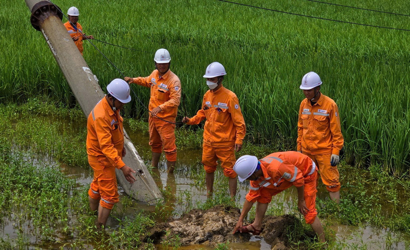 Phỏng vấn đại diện Điện lực Đông Triều, tỉnh Quảng Ninh, về công tác khắc phục sự cố điện sau bão số 3. (Ảnh: Lê Phương/TTXVN)