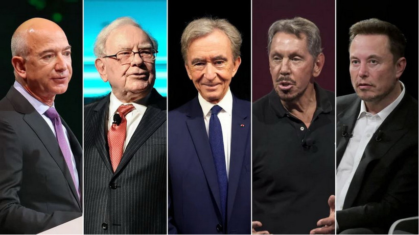 Jeff Bezos, Warren Buffett, Bernard Arnault, Larry Ellison và Elon Musk đã trở nên giàu có hơn rất nhiều trong những năm gần đây. (Nguồn: Getty Images