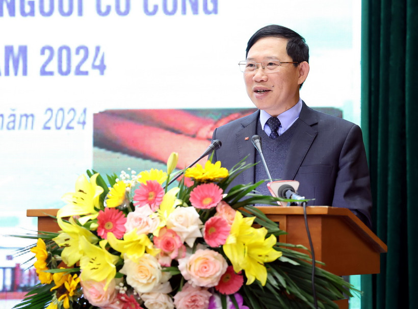 Chủ tịch UBND tỉnh Bắc Giang Lê Ánh Dương, Trưởng Ban Chỉ đạo 714 phát biểu. (Ảnh: Đồng Thúy/TTXVN)