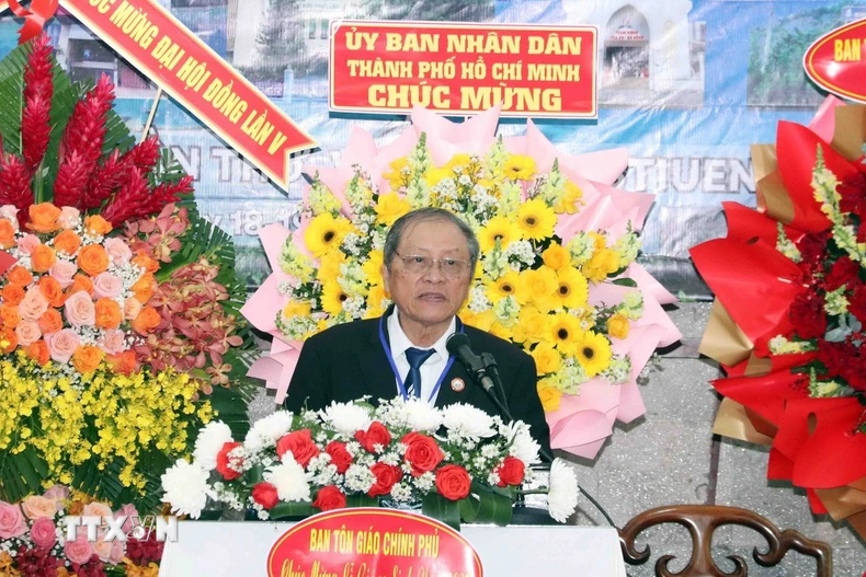 Mục sư Trần Thanh Truyện, Hội trưởng Giáo hội Cơ đốc Phục lâm Việt Nam, phát biểu khai mạc Đại hội. (Ảnh: Xuân Khu/TTXVN)