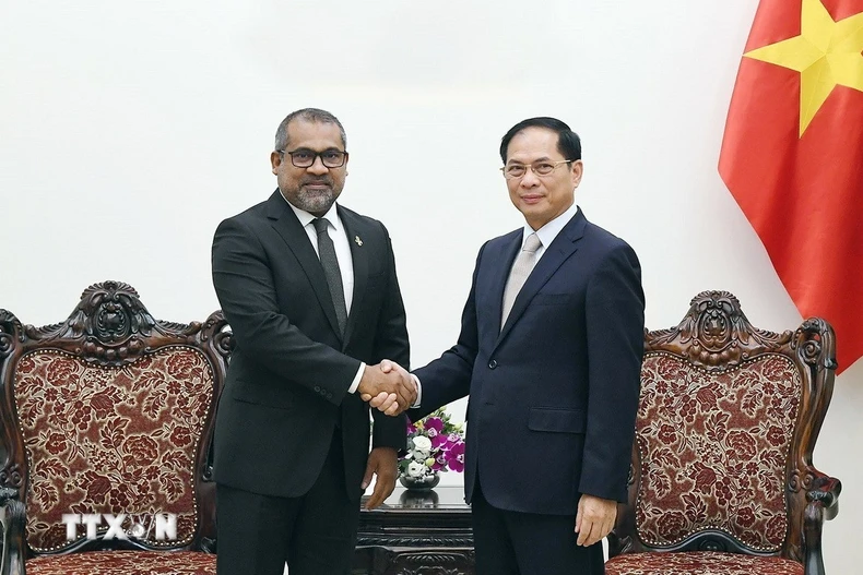 Phó Thủ tướng Bùi Thanh Sơn tiếp Bộ trưởng Ngoại giao Maldives Abdulla Khaleel. (Ảnh: An Đăng/TTXVN)
