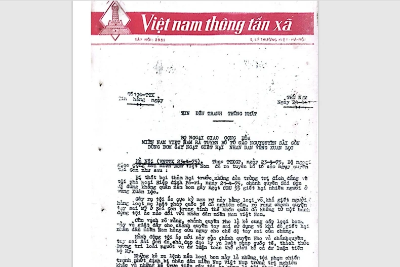 Bản tin đấu tranh thống nhất phát ngày 24/4/1975 của Việt nam thông tấn xã.