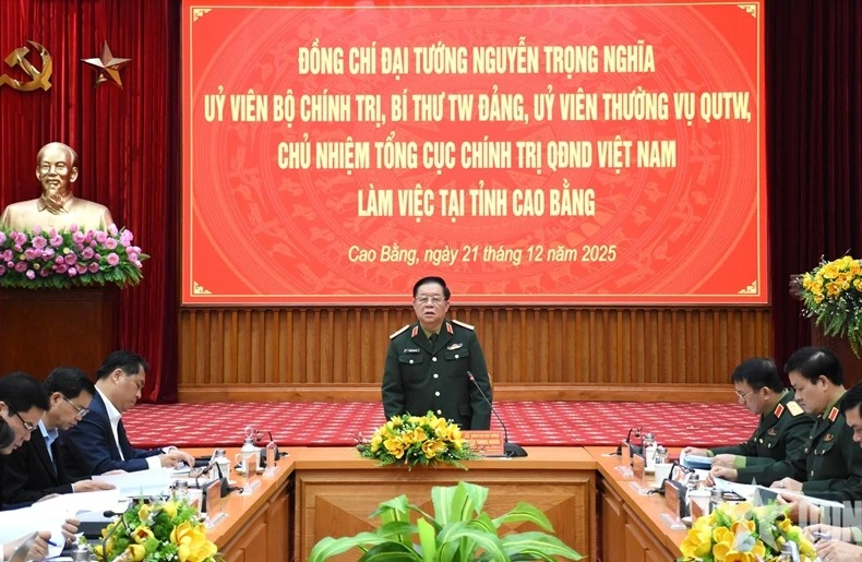 Đại tướng Nguyễn Trọng Nghĩa phát biểu tại buổi làm việc với lãnh đạo tỉnh Cao Bằng. (Nguồn: Quân đội Nhân dân)