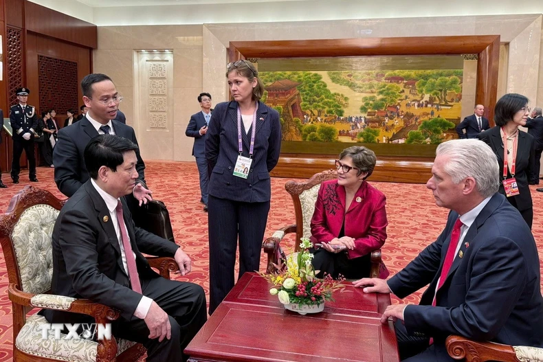 Chủ tịch nước Lương Cường gặp Bí thư Thứ nhất, Chủ tịch nước Cuba Miguel Diaz-Canel Bermudez. (Ảnh: TTXVN phát)