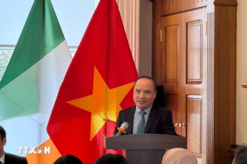 Ông Lê Đình Bá, Tham tán Thương mại, Thương vụ Việt Nam tại Anh (kiêm nhiệm Ireland) phát biểu tại diễn đàn. (Ảnh: TTXVN phát)