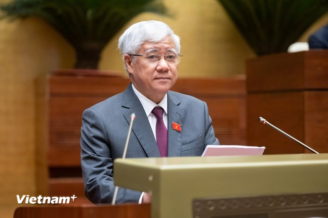 Ông Đỗ Văn Chiến, Ủy viên Bộ Chính trị, Bí thư Trung ương Đảng, Chủ tịch Ủy ban Trung ương Mặt trận Tổ quốc Việt Nam phát biểu tại Kỳ họp thứ Chín, Quốc hội khóa XV. (Ảnh: PV/Vietnam+)