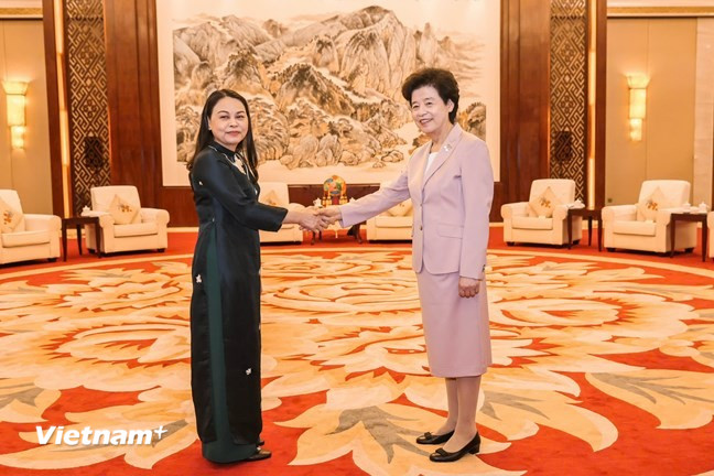 Phó Chủ tịch - Tổng Thư ký Uỷ ban Trung ương Mặt trận Tổ quốc Việt Nam Nguyễn Thị Thu Hà hội kiến với Phó Chủ tịch Chính hiệp toàn quốc Trung Quốc Hàm Huy. (Ảnh: PV/Vietnam+)