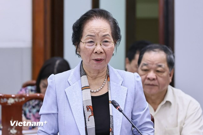 Bà Nguyễn Thị Doan, Nguyên Phó Chủ tịch nước, Ủy viên Đoàn Chủ tịch Uỷ ban Trung ương Mặt trận Tổ quốc Việt Nam phát biểu tại Hội nghị. (Ảnh: PV/Vietnam+)