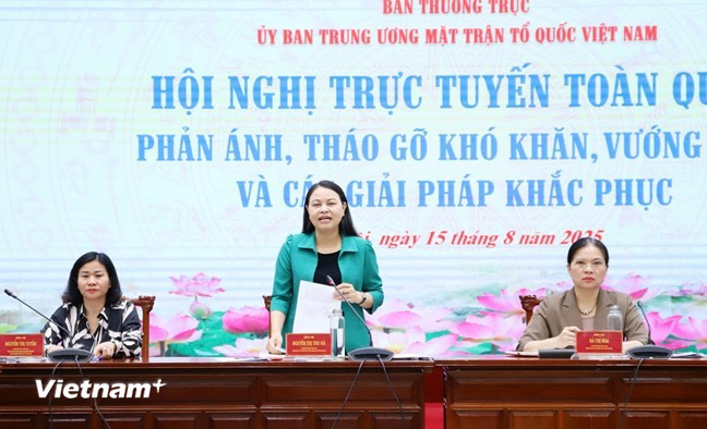 Phó Chủ tịch Ủy ban Trung ương Mặt trận Tổ quốc Việt Nam-Tổng Thư ký Nguyễn Thị Thu Hà phát biểu tại Hội nghị. (Ảnh: PV/Vietnam+)