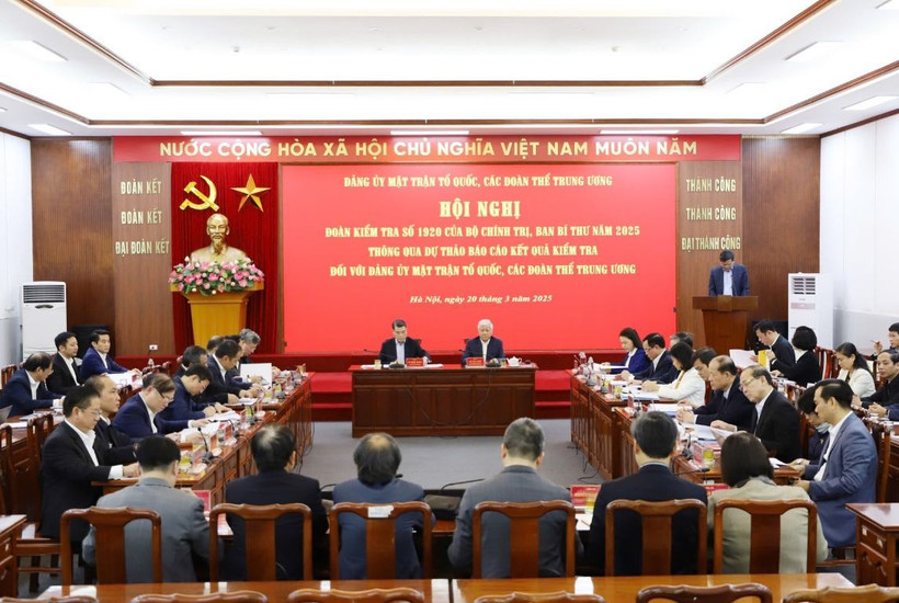 Toàn cảnh Hội nghị thông qua dự thảo Báo cáo kết quả kiểm tra đối với Đảng ủy Mặt trận Tổ quốc, các đoàn thể Trung ương chiều nay 20/3. (Ảnh: MTTQ)