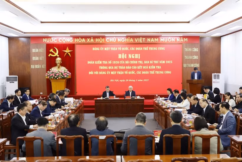 Toàn cảnh Hội nghị thông qua dự thảo Báo cáo kết quả kiểm tra đối với Đảng ủy Mặt trận Tổ quốc, các đoàn thể Trung ương chiều nay 20/3. (Ảnh: MTTQ)
