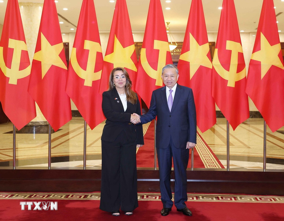 Tổng Bí thư Tô Lâm và các trưởng đoàn. (Ảnh: Thống Nhất/TTXVN)