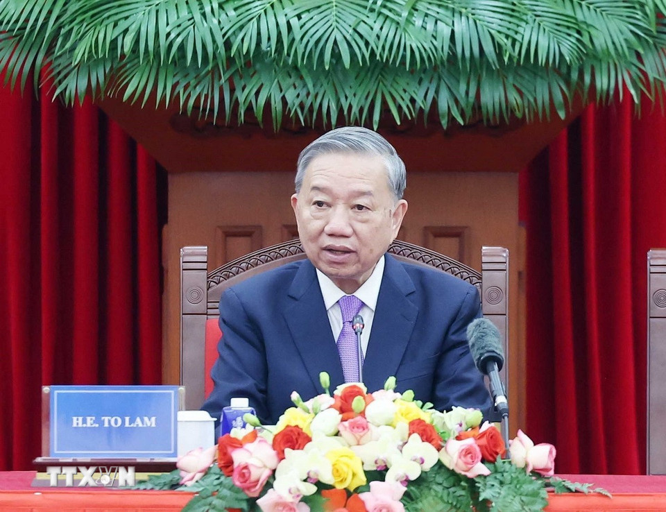 Tổng Bí thư Tô Lâm phát biểu tại buổi tiếp Trưởng đoàn các nước tham dự Lễ mở ký Công ước Hà Nội. (Ảnh: Thống Nhất/TTXVN)