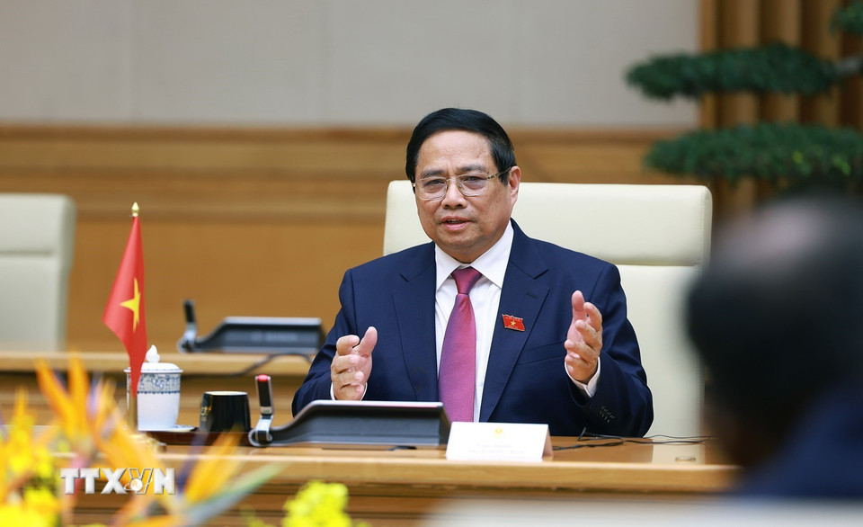 Thủ tướng Phạm Minh Chính phát biểu tại cuộc hội kiến Tổng thống Sri Lanka Anura Kumara Dissanayaka. (Ảnh: Dương Giang/TTXVN)