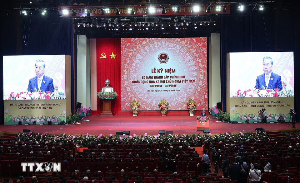 Tổng Bí thư Tô Lâm phát biểu tại Lễ kỷ niệm 80 năm thành lập Chính phủ. (Ảnh: Thống Nhất/TTXVN)