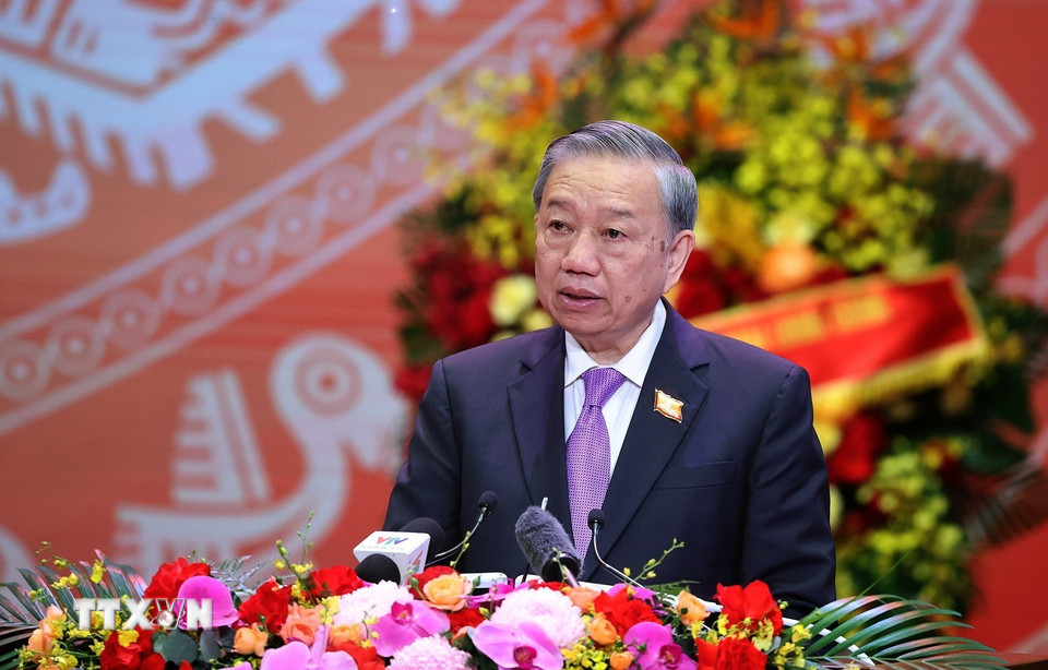 Tổng Bí thư Tô Lâm phát biểu tại Lễ kỷ niệm 80 năm thành lập Chính phủ. (Ảnh: Thống Nhất/TTXVN)