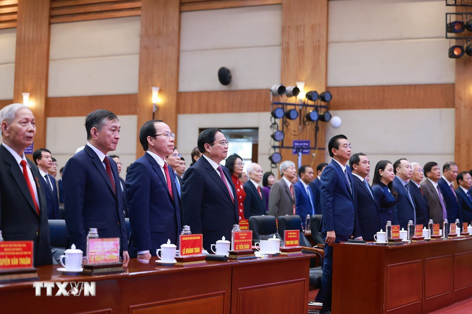 Thủ tướng Phạm Minh Chính dự Lễ công bố các nghị quyết, quyết định của Trung ương về sáp nhập đơn vị hành chính cho thành phố Hải Phòng. (Ảnh: Dương Giang/TTXVN)