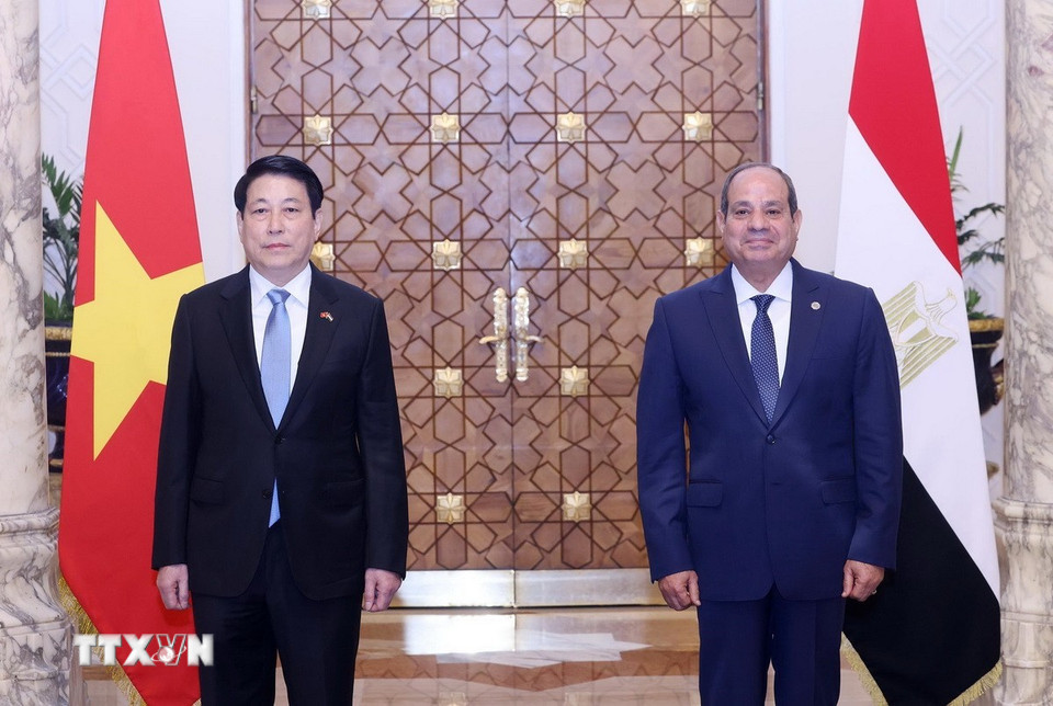 Chủ tịch nước Lương Cường và Tổng thống Ai Cập Abdel Fattah El-Sisi chụp ảnh chung. (Ảnh: Lâm Khánh/TTXVN)