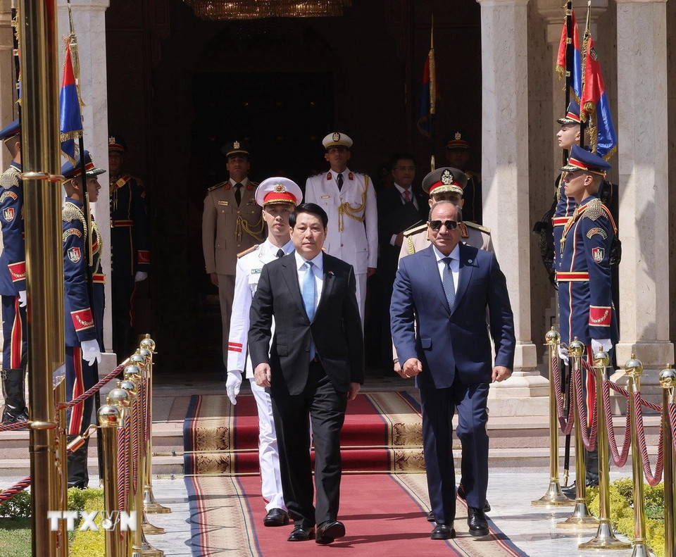 Tổng thống Abdel Fattah El-Sisi đón Chủ tịch nước Lương Cường. (Ảnh: Lâm Khánh/TTXVN)