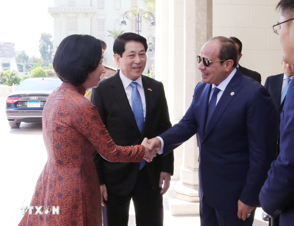 Tổng thống Abdel Fattah El-Sisi đón Chủ tịch nước Lương Cường và Phu nhân. (Ảnh: Lâm Khánh/TTXVN)