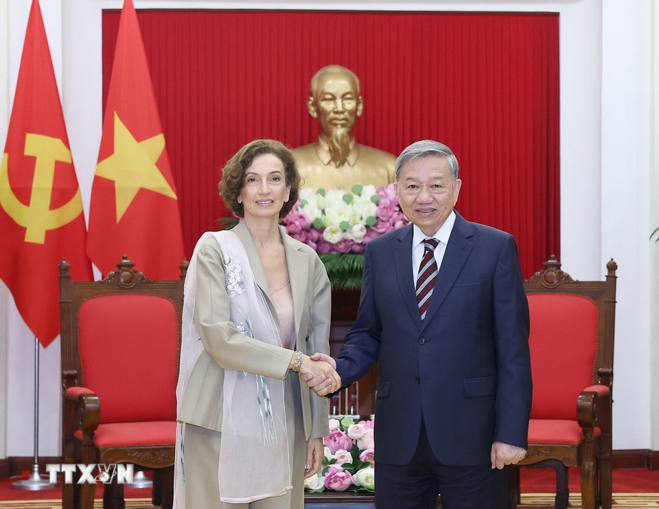 Tổng Bí thư Tô Lâm tiếp Tổng Giám đốc UNESCO Audrey Azoulay. (Ảnh: Thống Nhất/TTXVN)