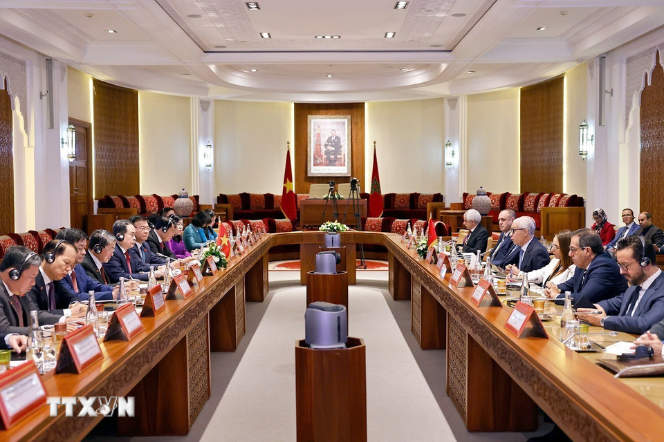 Chủ tịch Quốc hội Trần Thanh Mẫn hội đàm với Chủ tịch Hạ viện Maroc Rachid Talbi Alami. (Ảnh: Doãn Tấn/TTXVN)