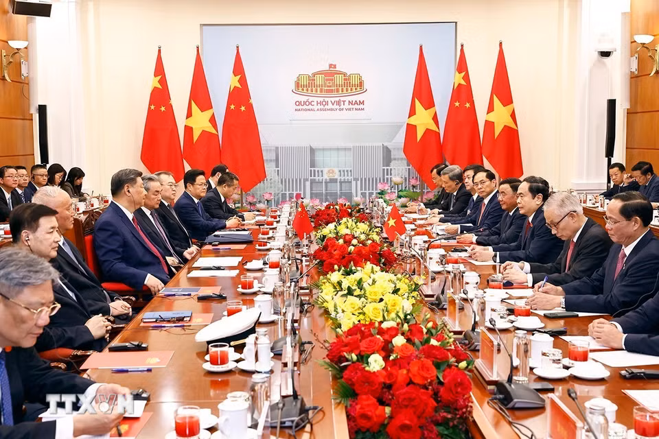 Chủ tịch Quốc hội Trần Thanh Mẫn hội kiến Tổng Bí thư, Chủ tịch nước Trung Quốc Tập Cận Bình thăm cấp Nhà nước tới Việt Nam. (Ảnh: Doãn Tấn/TTXVN)