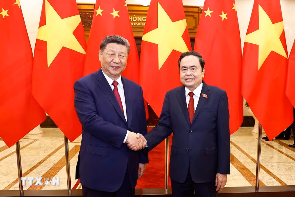 Chủ tịch Quốc hội Trần Thanh Mẫn hội kiến Tổng Bí thư, Chủ tịch nước Trung Quốc Tập Cận Bình thăm cấp Nhà nước tới Việt Nam. (Ảnh: Doãn Tấn/TTXVN)