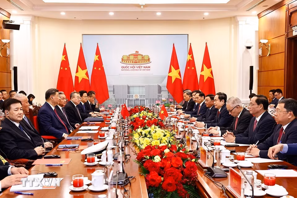 Chủ tịch Quốc hội Trần Thanh Mẫn hội kiến Tổng Bí thư, Chủ tịch nước Trung Quốc Tập Cận Bình thăm cấp Nhà nước tới Việt Nam. (Ảnh: Doãn Tấn/TTXVN)